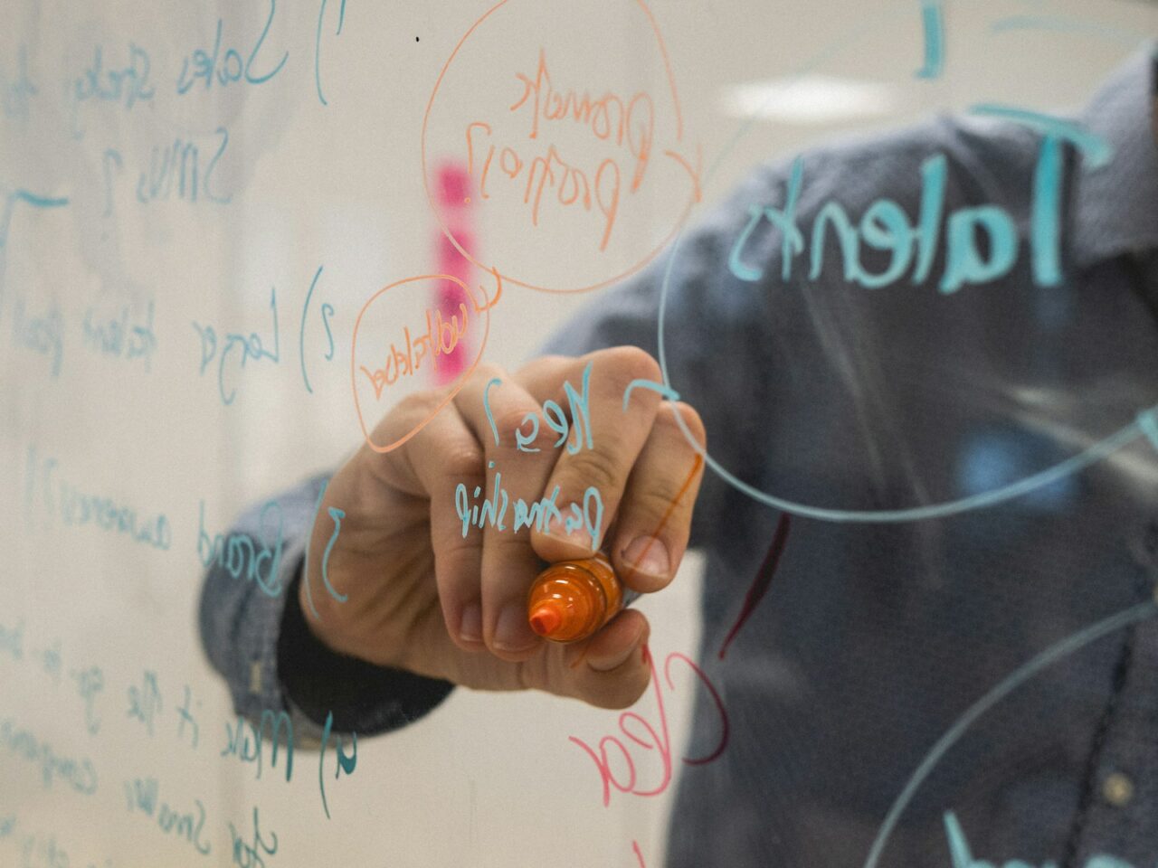 Une main écrit le mot talents sur une vitre