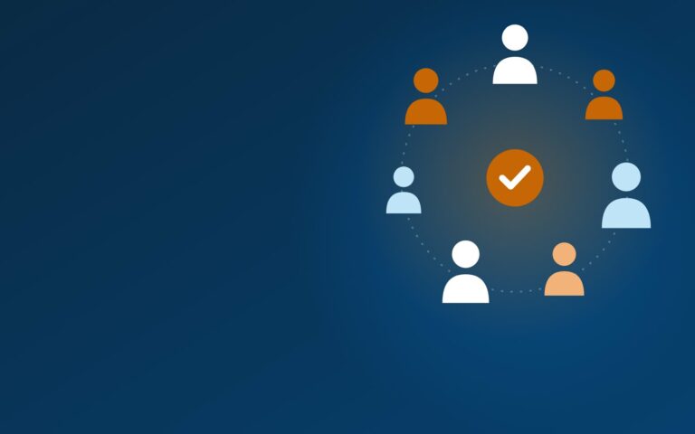 Illustration : un cercle de personnes différentes, réunies autour d’un symbole de validation