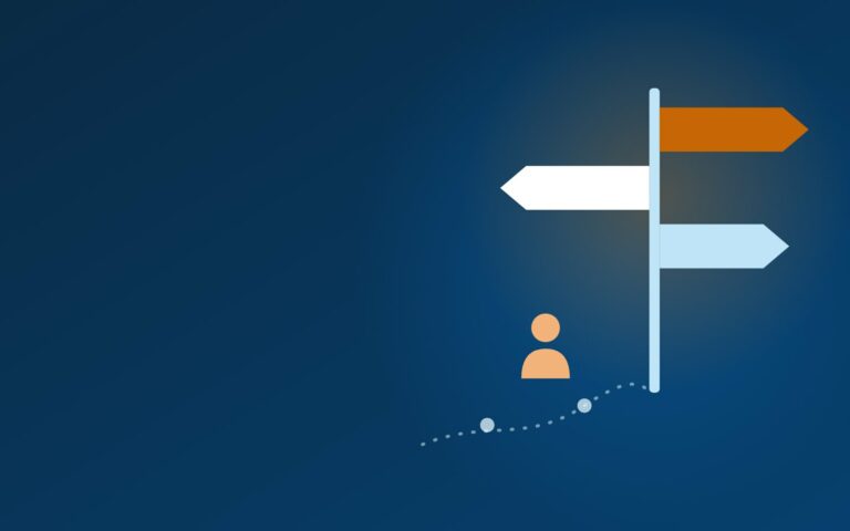 Illustration : un panneau indicateur à plusieurs directions et un chemin emprunté par un jeune