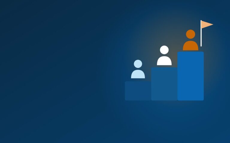 Illustration : trois marches ascendantes, une équipe et un drapeau au sommet